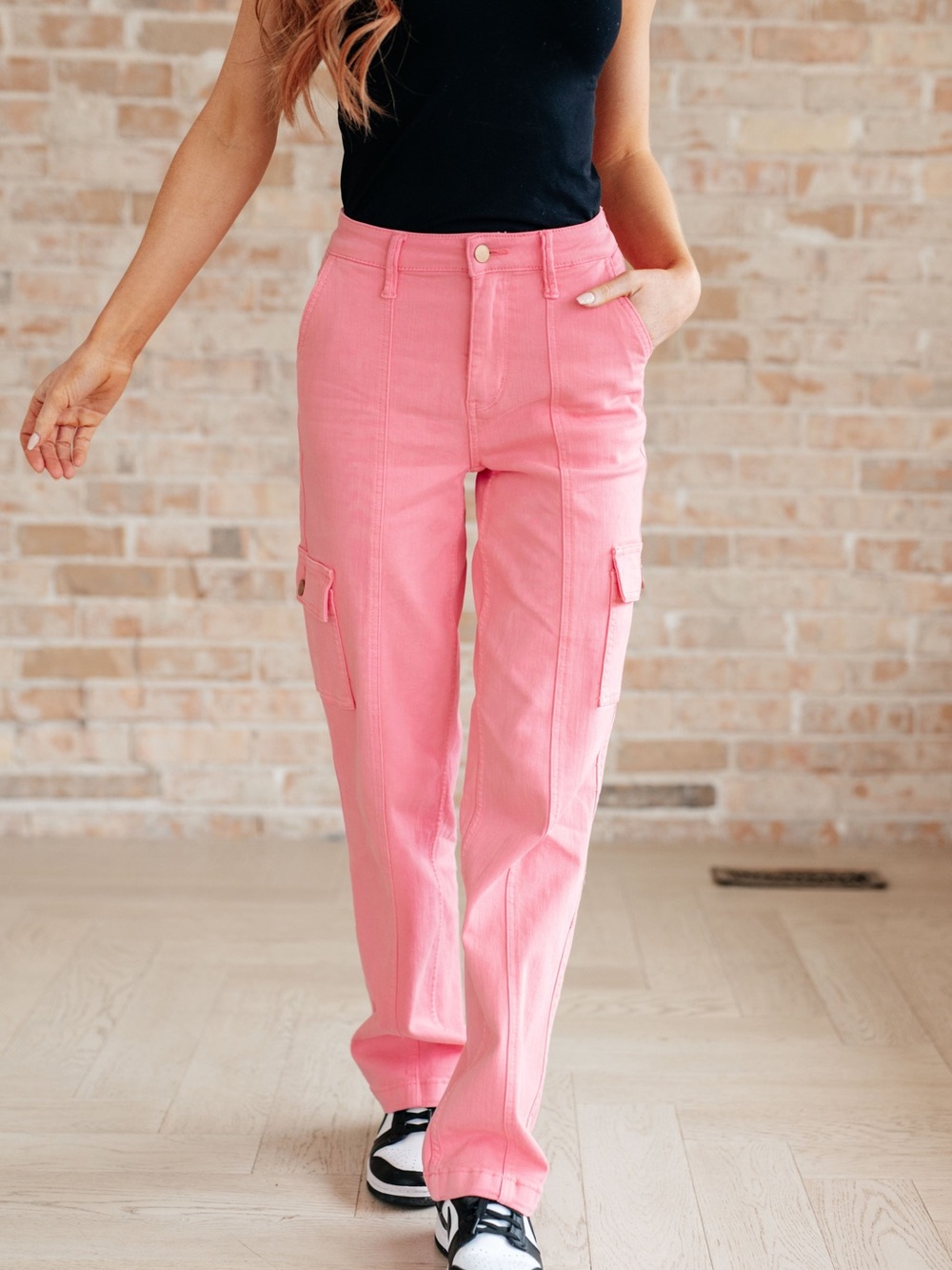 JUDY BLUE Cargo Pink Peggy High Rise
Straight Denim Jeans Pants - Picture 2 of 8